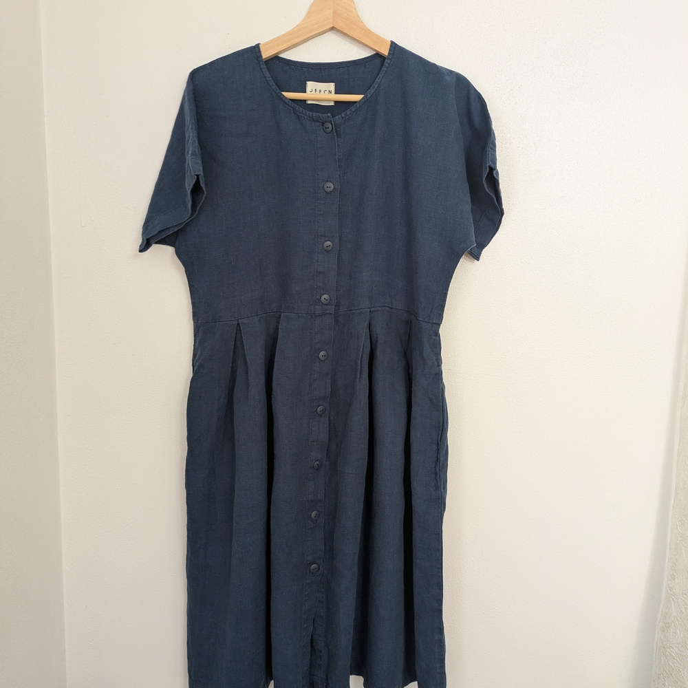 OffOn Linen Blue Button-Down Midi Dress